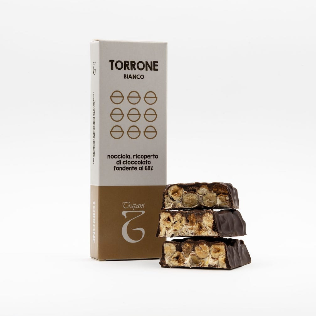 Torrone Bianco alle Nocciole Ricoperto Fondente 68% 125 gr - Torrone Trapani