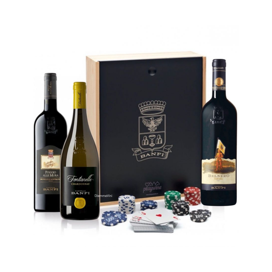 Cassetta Legno 3 Bottiglie + Set da Poker – Banfi
