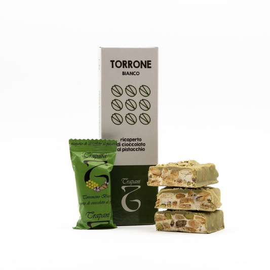 Torrone Bianco Mandorle e Pistacchio Ricoperto al Pistacchio 125 gr - Torrone Trapani